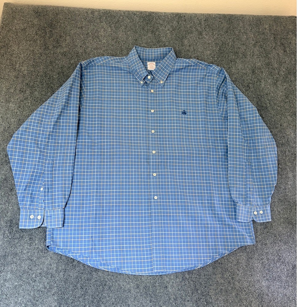 Brooks Brothers Non-Iron Supima‎ Cotton Blue Gold Tattersall Shirt Size XXL
